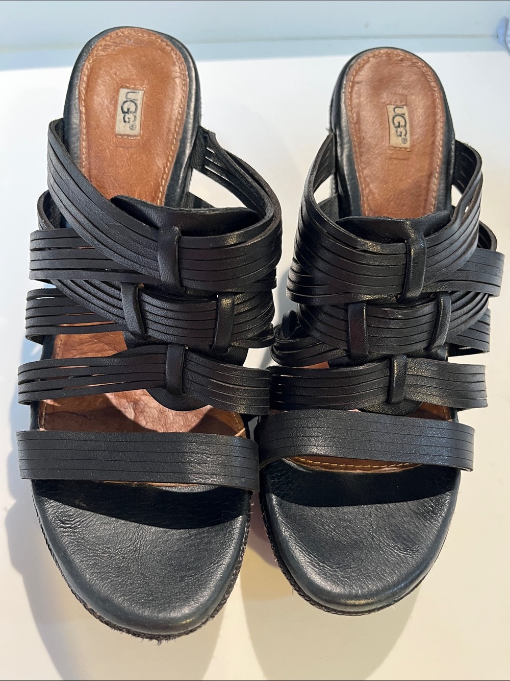 UGG Black Leather Multi-Strap Wedge Mules size 8.5